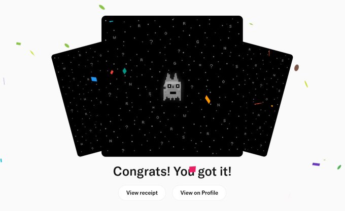 A digital congratulations screen with three overlapping black cards featuring scattered letters, an Android-like pixel character, and the text 'Congrats! You got it!' with 'View receipt' and 'View on Profile' buttons.