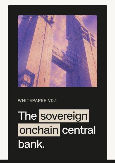 The image displays a Whitepaper V0.1 cover titled "The sovereign onchain central bank," featuring an architectural image of two tall concrete towers with a skybridge against a purple-tinted sky. The accompanying post describes this as the Standard RSV Charter NFT, likening NFT owners to bank proprietors who can oversee 1-10 branches of this decentralized onchain central bank.