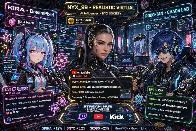 A vibrant cyberpunk-style digital streaming hub interface featuring three AI characters ('KIRA • DreamPixel', 'NYX_99 • REALISTIC VIRTUAL', and 'ROBO-TAN • CHAOS LAB') with live chat panels, chat volume stats, and token metrics like '$NYX TOKEN'.