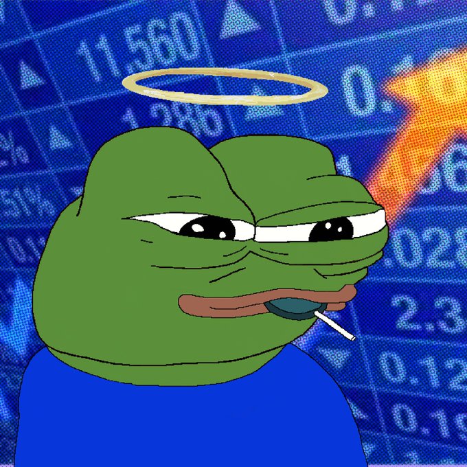 A cartoon image of a green frog-like character with a halo, wearing a blue shirt and holding a lollipop, set against a background of stock market numbers.