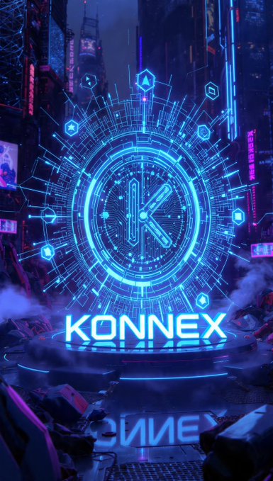 A futuristic, neon-blue glowing digital clock or emblem with the word 'KONNEX' displayed below it, set against a dark, cyberpunk-style cityscape background.