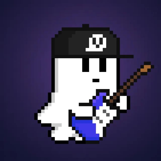 A pixel art character wearing a black 'JJ' cap and blue overalls holds a wooden stick against a purple background.