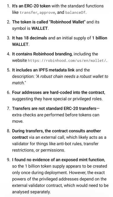 A numbered list analyzing an ERC-20 token called 'Robinhood Wallet' (symbol: WALLET), detailing its 18 decimals, 1 billion initial supply, IPFS metadata, and noting that transfers consult an external validator contract with 4 hard-coded privileged addresses.