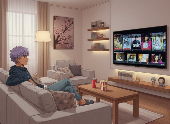 An anime-style illustration of a young man with purple hair relaxing on a gray sofa in a cozy living room, watching anime on a flat-screen TV while popcorn and soda sit on the coffee table.