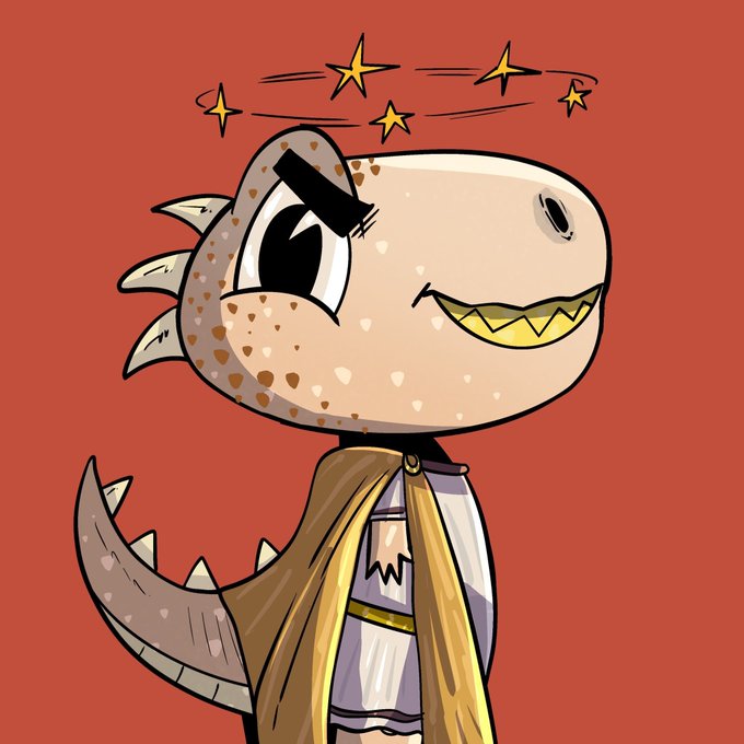 A cartoon illustration of a smiling dinosaur-like creature with stars circling its head, wearing a brown cape, set against a red background.