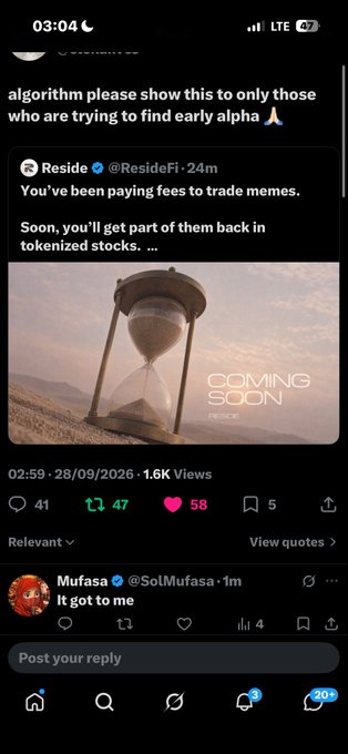 A Twitter/X post from @ResideFi (@ResideFi) reads 'algorithm please show this to only those who are trying to find early alpha' above a tweet about getting fees back in tokenized stocks, featuring an hourglass image with 'COMING SOON RESIDE' text.