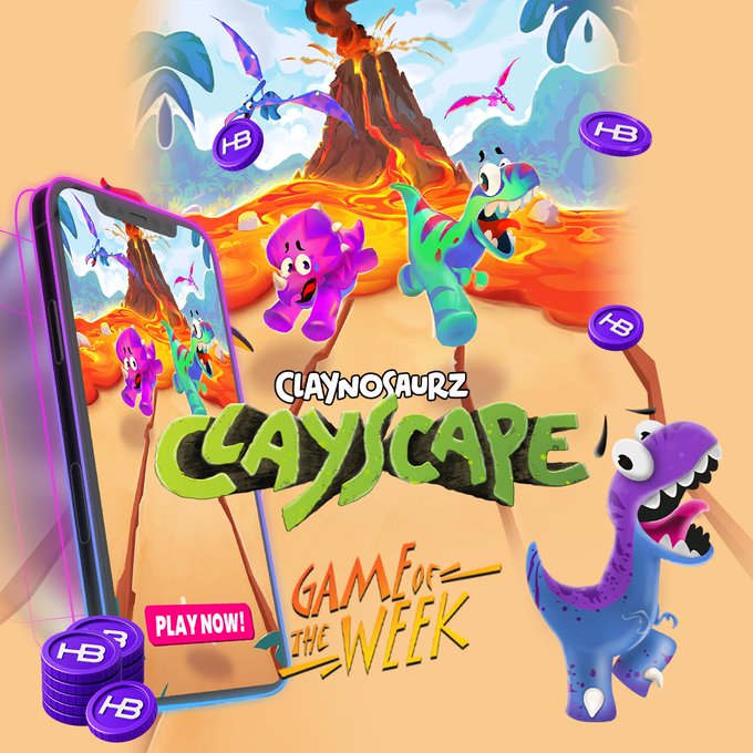 A vibrant promotional graphic for a mobile game called 'Clayscape' featuring colorful dinosaur characters around a volcano, with text reading 'Claynosaurz Game of the Week' and a 'Play Now!' button.