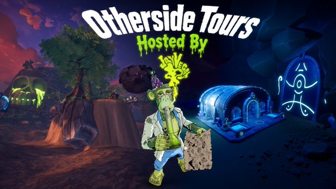 A digital promotional image for 'Otherside Tours Hosted By' features a green, cartoonish ape-like character holding a piece of paper, standing in a surreal landscape with a tent and glowing blue structures.