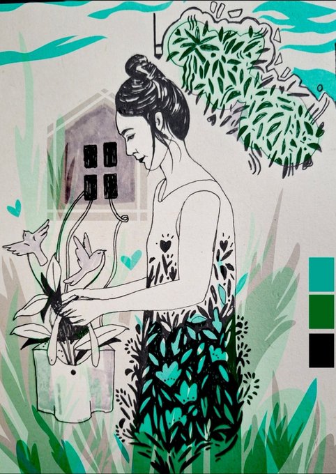 The image features a woman wearing a green dress, holding a plant with her hands while standing next to a house. The scene includes a birdhouse nearby, adding an artistic touch to the composition. The post has been tagged with the hashtag #xtz, which is likely related to the artist or the content of the image.