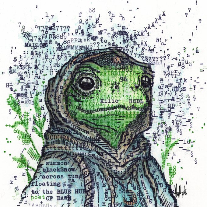 An artistic illustration of a green iguana in a hoodie, surrounded by scattered letters, symbols, and text fragments creating a textured background.