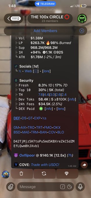 A screenshot of a Telegram group chat called 'THE 100X CIRCLE' displaying cryptocurrency market data, including LP at $263.7K with '98% Burned' and a token contract address for 'Owlxflipoor'.