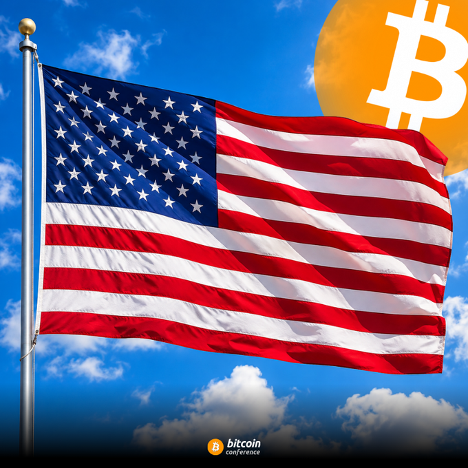 American flag waving against a blue sky with a Bitcoin logo in the upper right corner, branded with 'bitcoin conference' at the bottom.