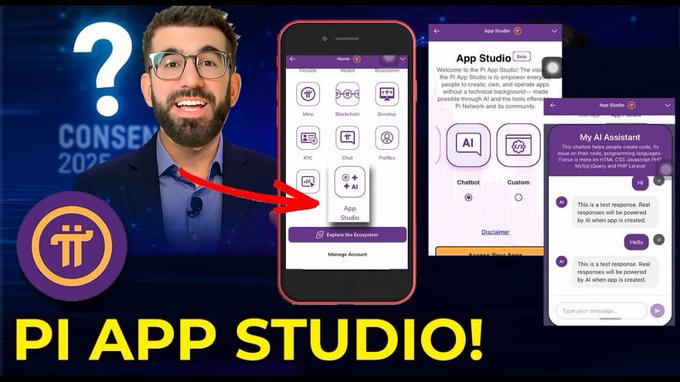 A promotional graphic for "Pi App Studio" features a smiling man alongside a smartphone displaying the Pi Network app interface, highlighting the AI assistant and chatbot creation tools, visually supporting the post's theme of combining blockchain ownership with dynamic backend infrastructure for personalized app experiences.
