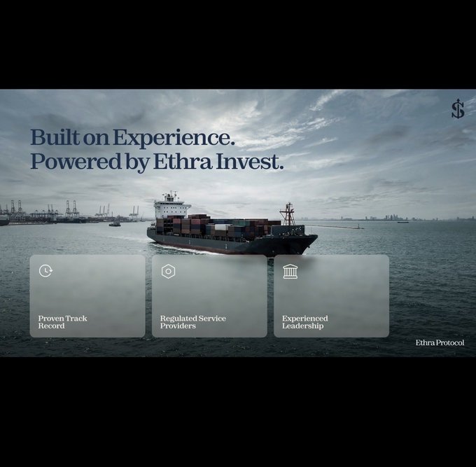 A promotional banner reading 'Built on Experience. Powered by Ethra Invest.' showing a large container ship on the ocean, with feature boxes for 'Proven Track Record,' 'Regulated Service Providers,' and 'Experienced Leadership' under the Ethra Protocol branding.