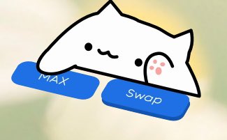 A cute white cat illustration rests on two blue buttons labeled 'MAX' and 'SWAP', resembling a crypto exchange interface.