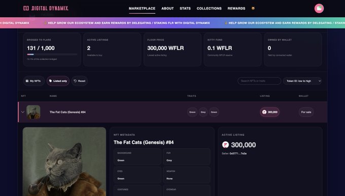 The image shows the Digital Dynamix NFT marketplace displaying a Fat Cats (Genesis) #84 NFT listing priced at 300,000 WFLR, with stats showing 131/1,000 NFTs bridged to Flare, 2 active listings, and a floor price of 300,000 WFLR, directly illustrating the revival of Fat Cats trading on Flare Network as mentioned in the post.