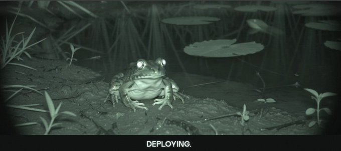 A frog with glowing eyes sits at the edge of a pond in night vision, staring directly at the camera above the text "DEPLOYING." The image playfully illustrates the post's suggestion to "squash the frog" by referencing the popular meme of deploying Sushi (the cryptocurrency) as if activating a predator to eliminate a frog-themed rival.