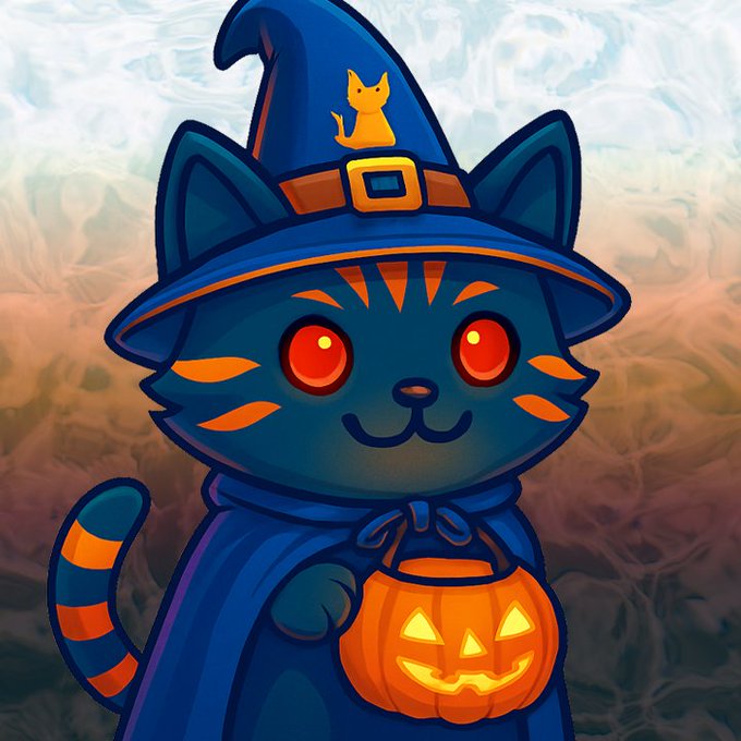 A digital illustration of a dark blue cat wearing a witch's hat with a small yellow cat emblem, holding a glowing jack-o'-lantern, with glowing red eyes and orange stripes.