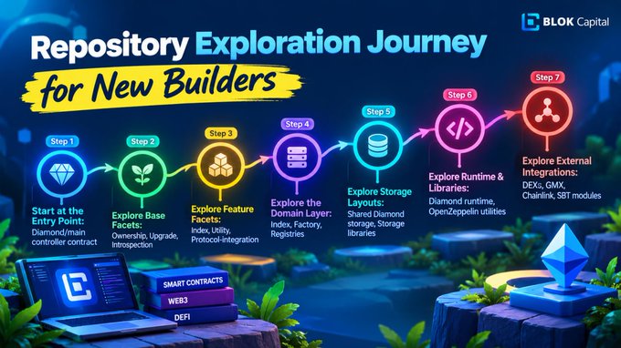 An infographic titled 'Repository Exploration Journey for New Builders' by BLOK Capital, detailing a 7-step process for developers starting from the Entry Point to exploring external integrations.