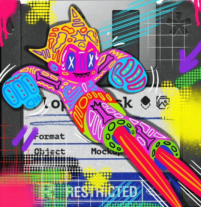 A vibrant, neon-colored digital illustration of a stylized, skeletal cat-like character flying across a background featuring a computer interface and the word 'RESTRICTED'.