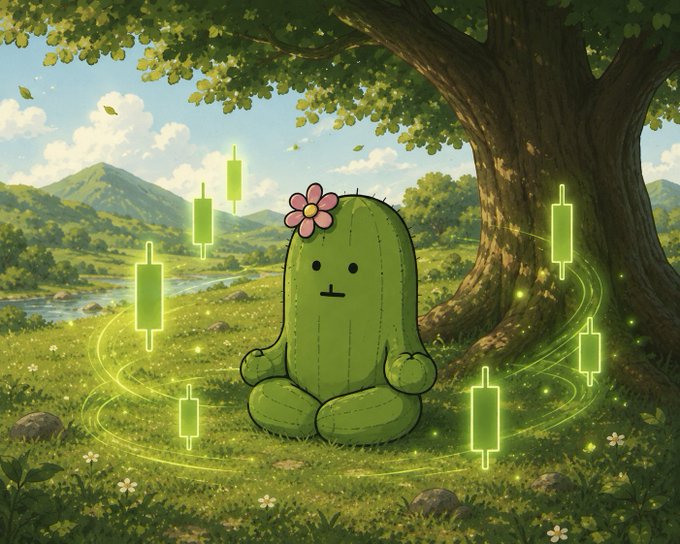 A serene digital illustration of a cute, smiling cactus with a pink flower sitting in a meadow under a tree, surrounded by floating green candlestick chart patterns.