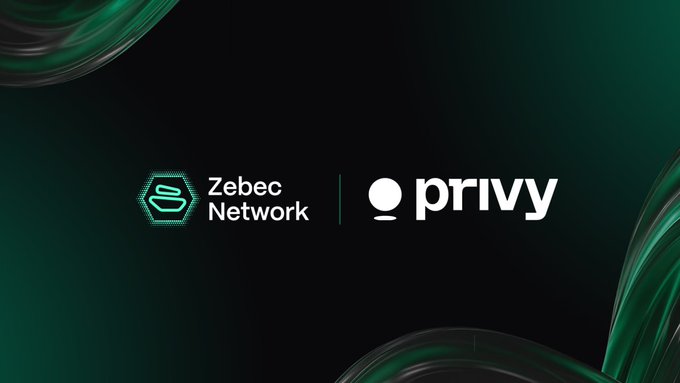 The image displays a partnership announcement featuring the "Zebec Network" logo alongside the "privy" logo, set against a dark background with green decorative elements. This visually represents the integration of Privy's services into Zebec Enterprise starting July 14, as mentioned in the accompanying post about simplifying crypto payroll onboarding.