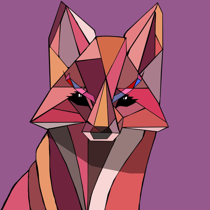 A geometric, cubist-style digital illustration of a fox's face composed of pink, red, orange, and purple polygonal shapes against a solid purple background.