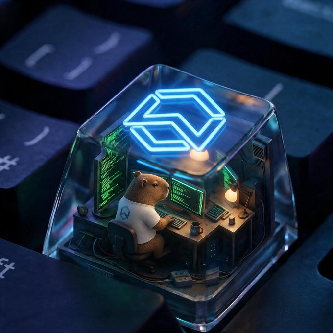 A 3D-rendered digital art piece showing a small hamster character coding at a desk with monitors, encased inside a transparent keycap that sits on top of a keyboard, with a glowing blue logo above.