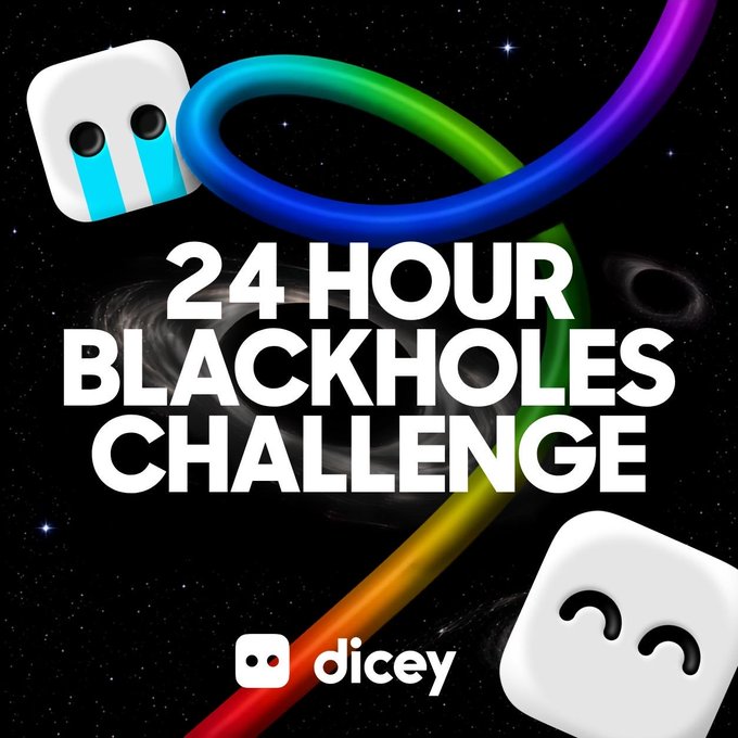 A promotional graphic for a '24 HOUR BLACKHOLES CHALLENGE' featuring the Dicey app logo, set against a starry space background with rainbow-colored ribbons and dice characters.