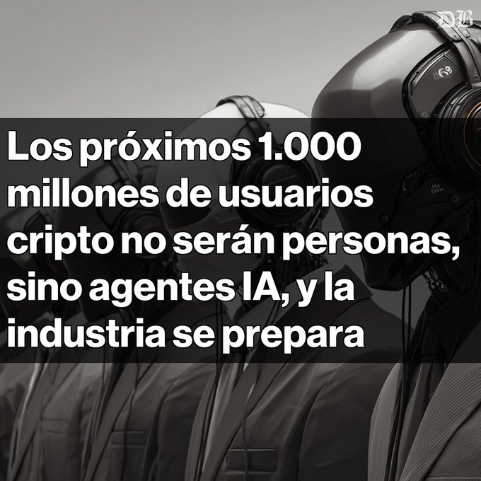 An image of three robotic figures in business attire wearing VR-style headsets. Spanish text overlay reads: 'Los próximos 1.000 millones de usuarios cripto no serán personas, sino agentes IA, y la industria se prepara.'