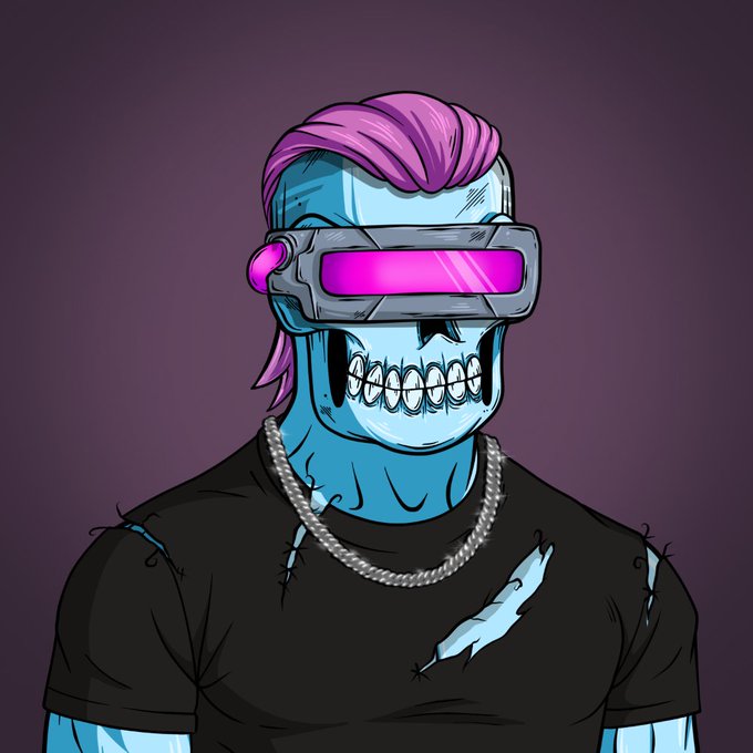 Digital illustration of a blue-skinned zombie-like character with pink hair, wearing a pink VR headset, a silver chain necklace, and a torn black t-shirt against a purple background.