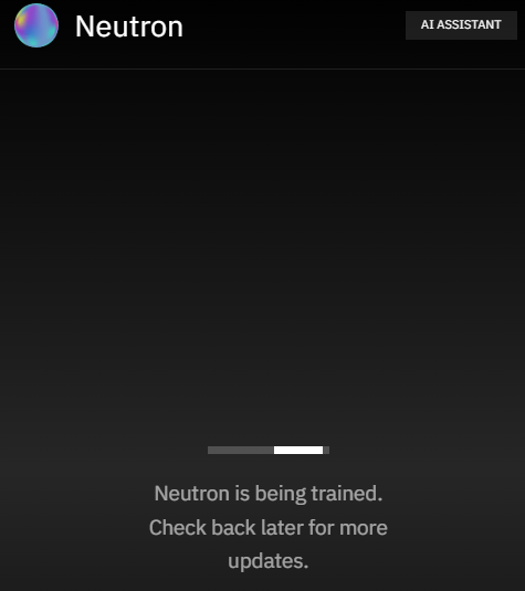 A loading screen for the Neutron AI assistant by NucleusCodes, displaying the message "Neutron is being trained. Check back later for more updates." beneath a partially filled progress bar, supporting the post's anticipation for the tool's eventual release.
