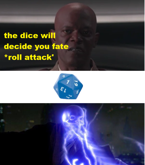 The image is a three-panel meme featuring Samuel L. Jackson as Mace Windu declaring "the dice will decide you fate *roll attack*," followed by a d20 die showing a 19, and ending with Emperor Palpatine unleashing Force lightning—humorously depicting a decisive RPG attack.

The meme cleverly parallels the post's FOMO message about missing Nova's move from 15k to 120k, using the Star Wars Force imagery to dramatize the consequences of hesitation, while the random dice roll satirizes the unpredictability of crypto timing—suggesting joining the group is your "critical hit."