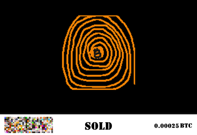 A digital art piece showing a spiral pattern resembling a fingerprint in orange on a black background, marked 'SOLD' for 0.00025 BTC.