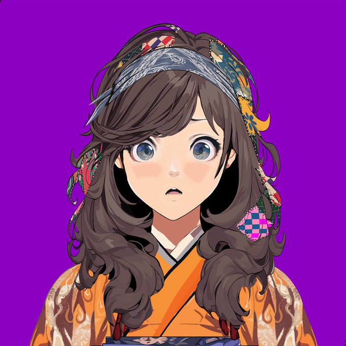 An anime-style digital illustration of a young woman with long brown hair, a patterned headband, and an orange kimono, set against a solid purple background.