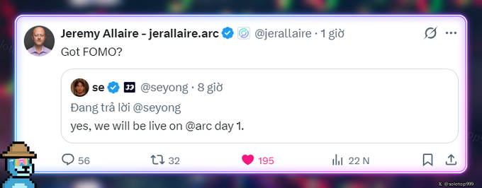 A tweet screenshot showing Jeremy Allaire (CEO of Circle, @jerallaire.arc) replying "Got FOMO?" to a message from @seyong stating "yes, we will be live on @arc day 1," highlighting that even the Circle CEO is acknowledging the Fomo app's upcoming launch on Arc mainnet.