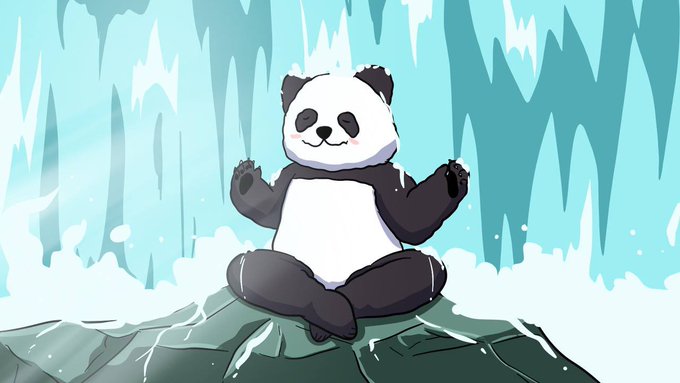 A cartoon panda sits peacefully in a meditative lotus pose atop a green rock with icy blue waterfalls cascading in the background, embodying the spirit of "Huahua," China's beloved panda. The serene illustration aligns with the launch announcement of the $HUAHUA token on Robinhood Chain at 7PM UTC, reflecting the project's connection to a cultural icon with over 1.6B Weibo views.