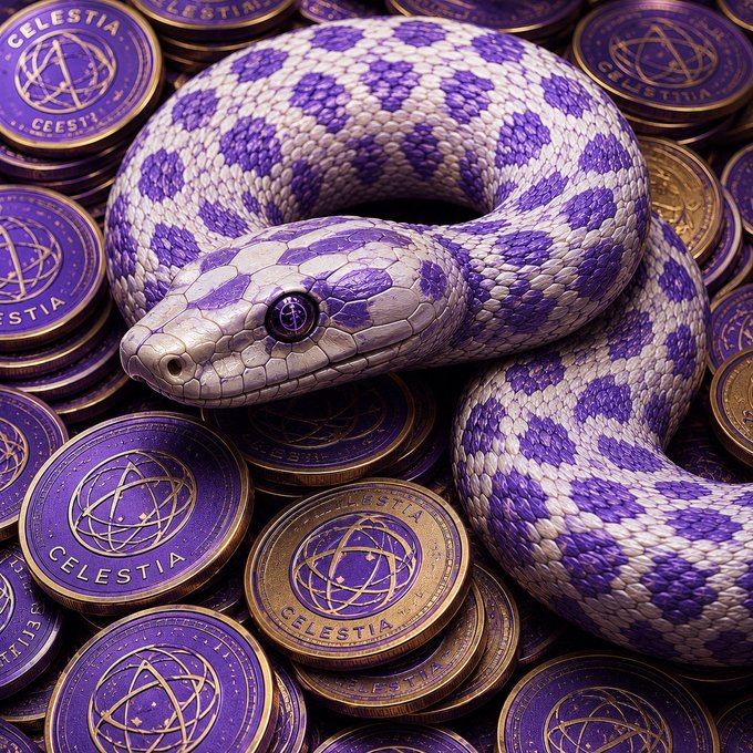 A purple and white speckled snake coiled among gold coins stamped with "CELESTIA" and atom-like logos, symbolizing the TIA cryptocurrency's promise of long-term growth and stacking potential. The serpent's coiled form evokes the patience and strategic holding required for long-term crypto investment at just $0.32.
