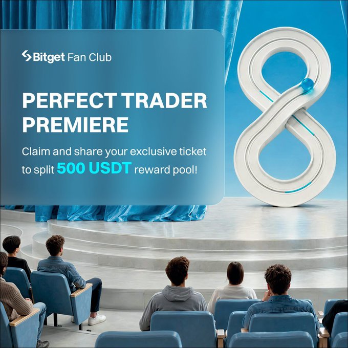 The image is a promotional graphic for Bitget Fan Club's "Perfect Trader Premiere," featuring a figure-8 sculpture on a stage with an audience watching. The text invites users to claim and share an exclusive ticket to split a 500 USDT reward pool, tying into Bitget's 8th anniversary celebration with hashtags #BitgetTurns8 #PerfectTraderPremiere and the offer for 50 winners to share the prize.