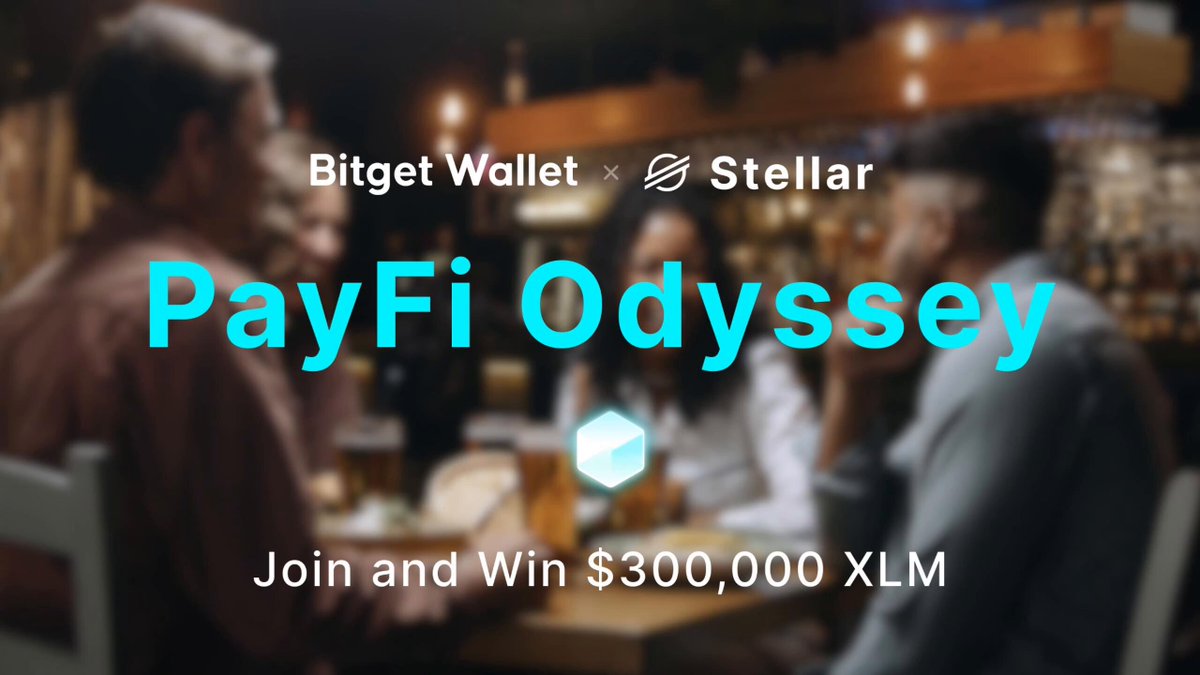 The image features a man sitting at a table with two other people. The text on the image reads "The Odyssey Program starts. Clear missions. Get rewards. Crypto card txns QR payments Onchain trades on @StellarOrg $300,000 in rewards await → web3.bitget.com/en/blog/articl ... Spend crypto, & get crypto in the #StellarPayFiOdyssey." The image is related to a post about joining and winning $300,000 XLM.