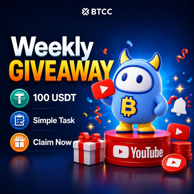 A promotional graphic for BTCC featuring a blue mascot character with horns and a Bitcoin symbol, advertising a 'Weekly Giveaway' with text '100 USDT', 'Simple Task', and 'Claim Now', alongside YouTube icons and gift boxes.