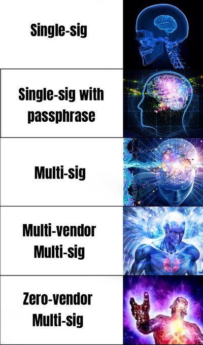 A humorous infographic titled 'expanding brain' illustrates the increasing levels of cryptocurrency wallet security, starting from 'Single-sig' with a basic brain image and escalating to 'Zero-vendor Multi-sig' represented by an exploded, powerful figure.