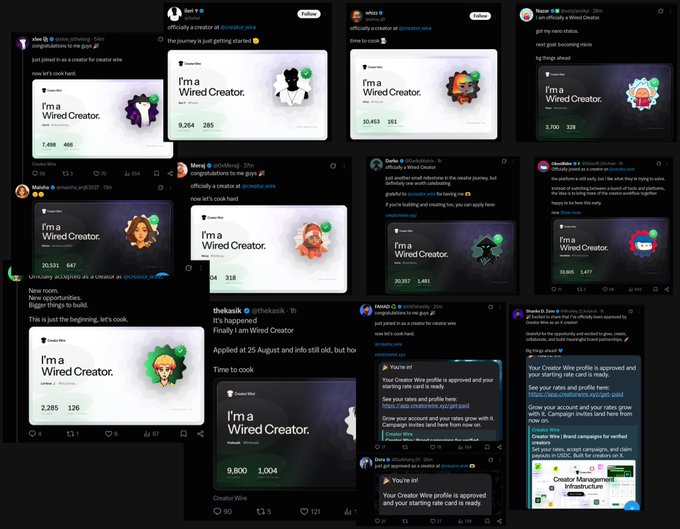 A collage of social media posts from users like Brad, Miko, Nate, Melody, Meraj, DeWa, Hitesh, Mehdi, and thekasik, all sharing 'I'm a Wired Creator' NFT profile cards with @creator.wire and announcing their approval into the Creator Wire program.