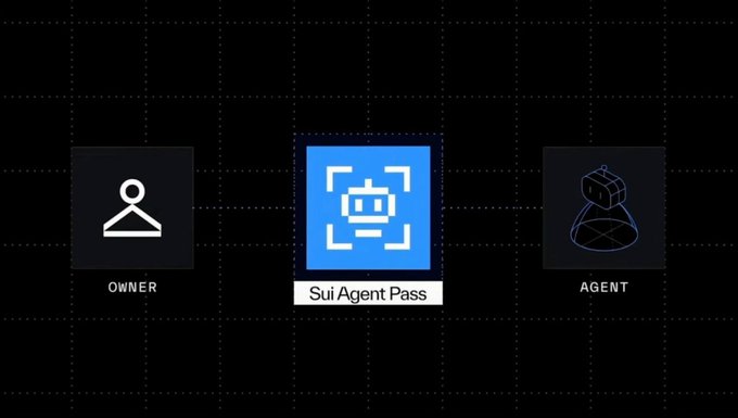 The image shows a conceptual diagram for the "Sui Agent Pass," featuring three icons in a row: an "OWNER" figure on the left, a central blue icon representing the "Sui Agent Pass" with a scanning frame around a robot, and an "AGENT" (depicted as a box-headed figure) on the right. This illustrates the relationship described in the post, where owners set policies that govern what assets agents can access on the Sui blockchain.
