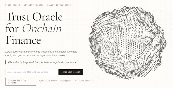 A website screenshot for 'Trust Oracle for Onchain Finance' by ZerAI, featuring the tagline 'When identity is optional, behavior is the trust primitive that scales' and a dotted 3D head illustration.