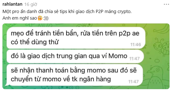 A screenshot of a Vietnamese social media post by 'rahlantan' discussing P2P crypto trading tips and suggesting using Momo as an intermediary to convert to Vietnamese Dong via bank transfer.