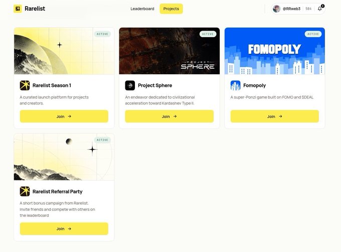 The Rarelist Projects page lists active projects: “Rarelist Season 1,” “Project Sphere,” “Fomopoly,” and “Rarelist Referral Party,” each with a yellow “Join” button.
