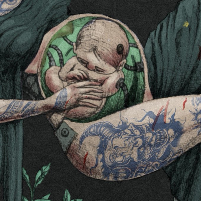 A close-up detail from the previous artwork, focusing on the tattooed hand cradling the distressed infant against a green cushion, with intricate blue tattoos visible on the arm.