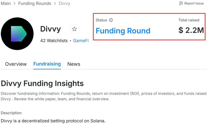 A page from a Funding Rounds database showing Divvy (a Solana-based betting protocol) with a "Funding Round" status and $2.2M total raised, listed under the GameFi category—providing credibility context for the accompanying post promoting Divvy's $DVY airdrop offer.