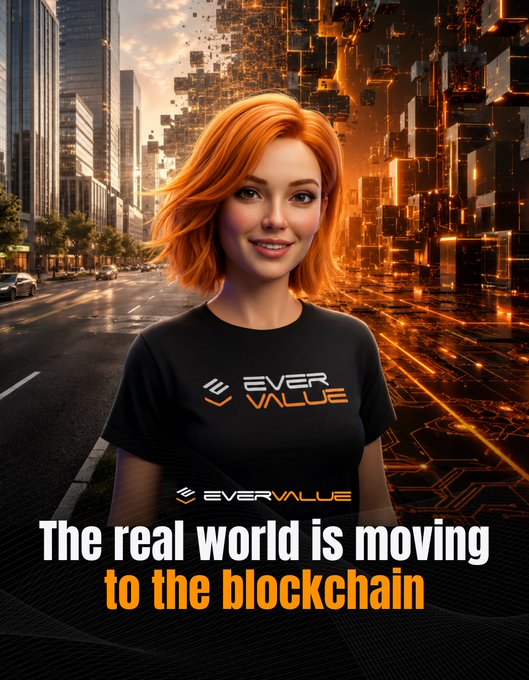 A promotional graphic featuring a smiling red-haired woman wearing a black "EVERVALUE" t-shirt, set against a futuristic, glowing cityscape background with the text "The real world is moving to the blockchain".